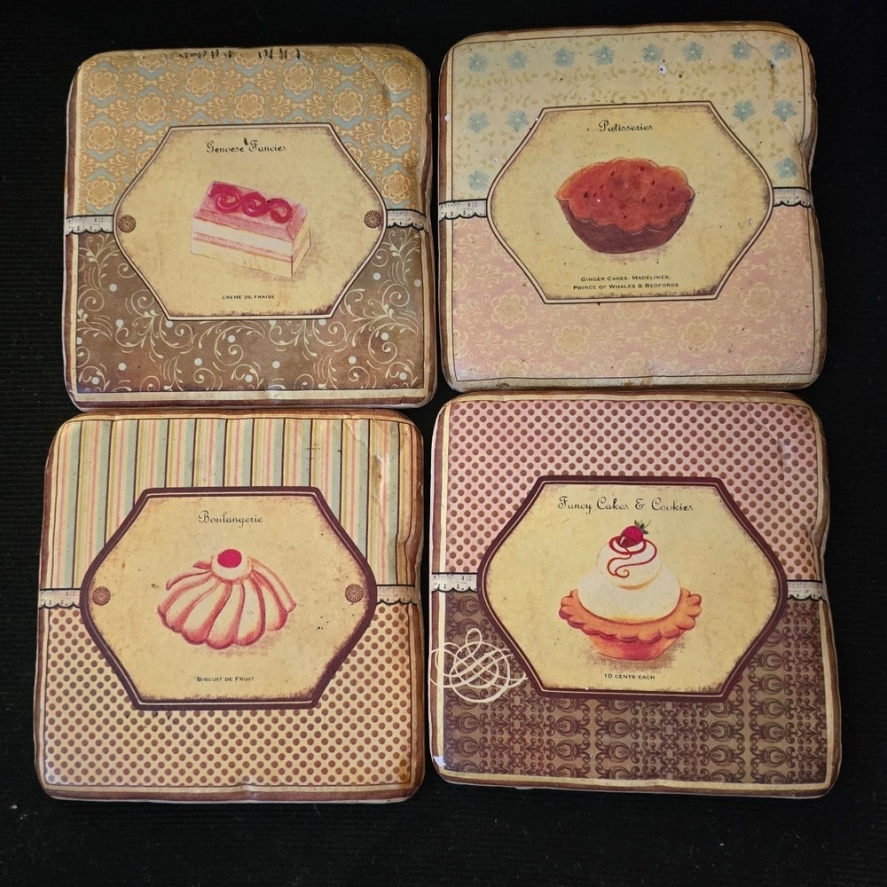 Terri Conrad Designs French Bakery Ceramic Coaster Set of 4‎ Pink Brown Vintage